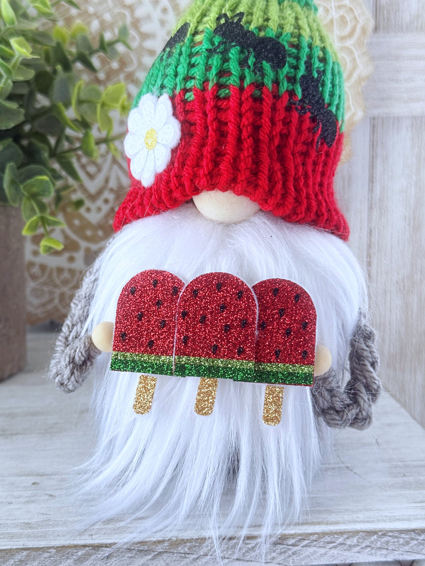 Watermelon popsicle gnome with ants - fresh and fruity tiered tray decor