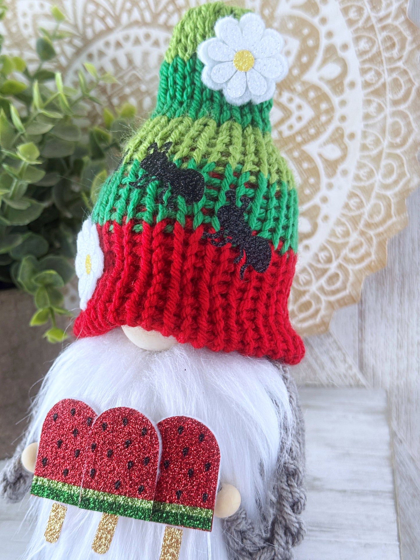 Watermelon popsicle gnome with ants - fresh and fruity tiered tray decor