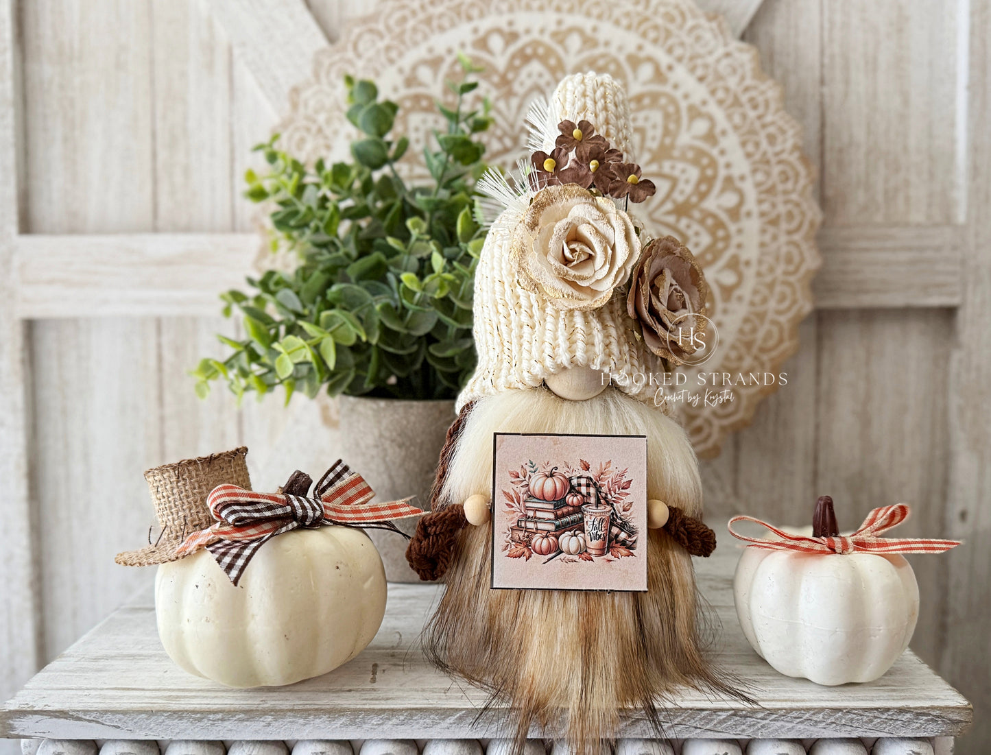 Fall Gnome Decor | Handmade Autumn Gnome with Pumpkins & Books Sign | Rustic Cream Hat Gnome | Shelf Sitter | Farmhouse Tiered Tray Decor
