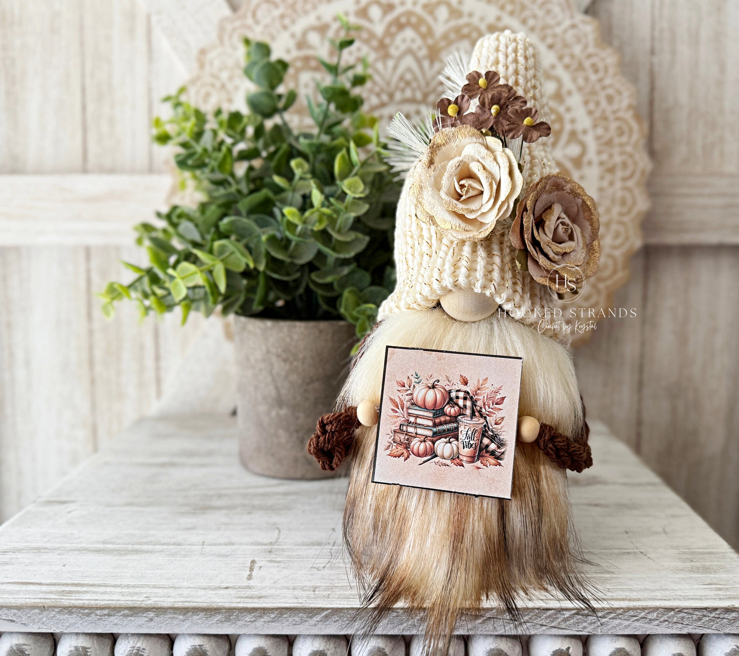 Fall Gnome Decor | Handmade Autumn Gnome with Pumpkins & Books Sign | Rustic Cream Hat Gnome | Shelf Sitter | Farmhouse Tiered Tray Decor