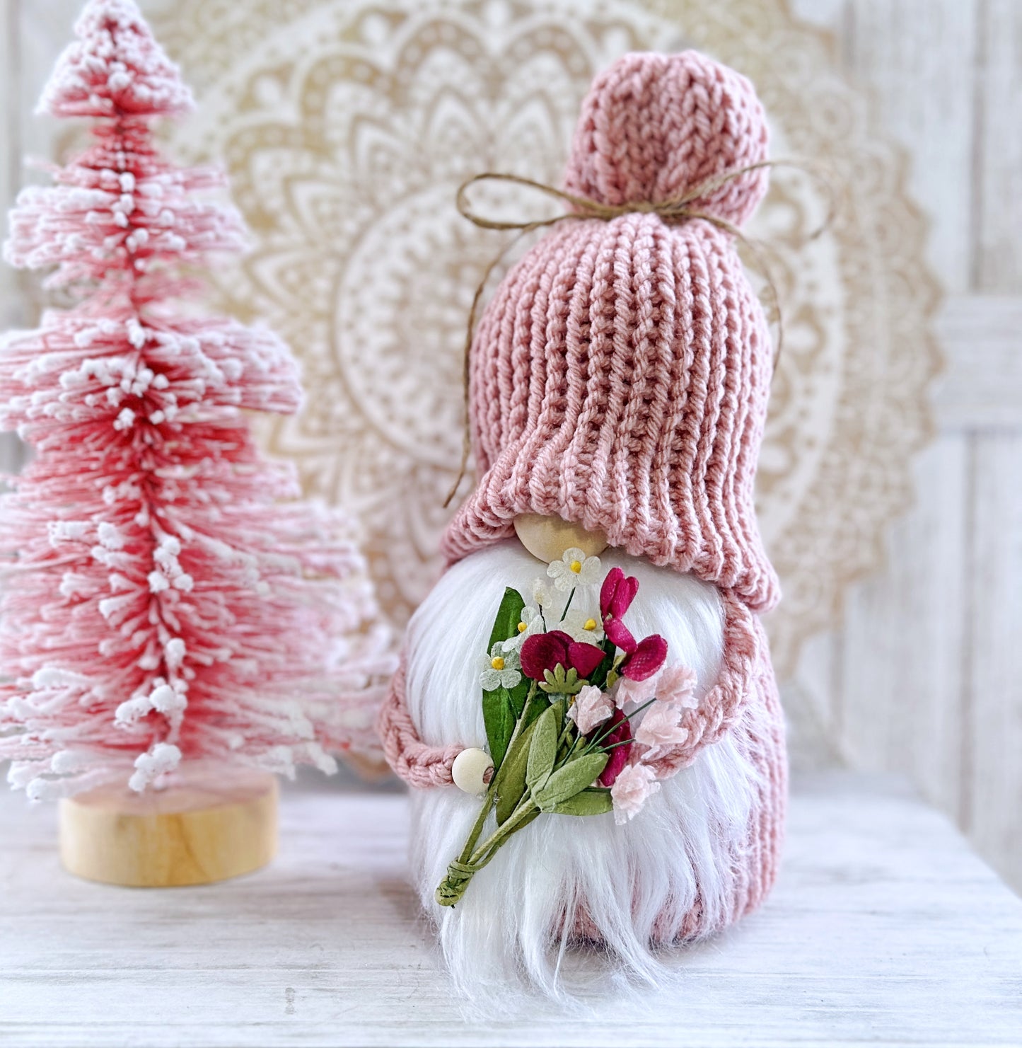 Pink flower gnome, Farmhouse gnome, Tiered tray decor, Flower knome, Botanical decor, Gift idea, Made to order,