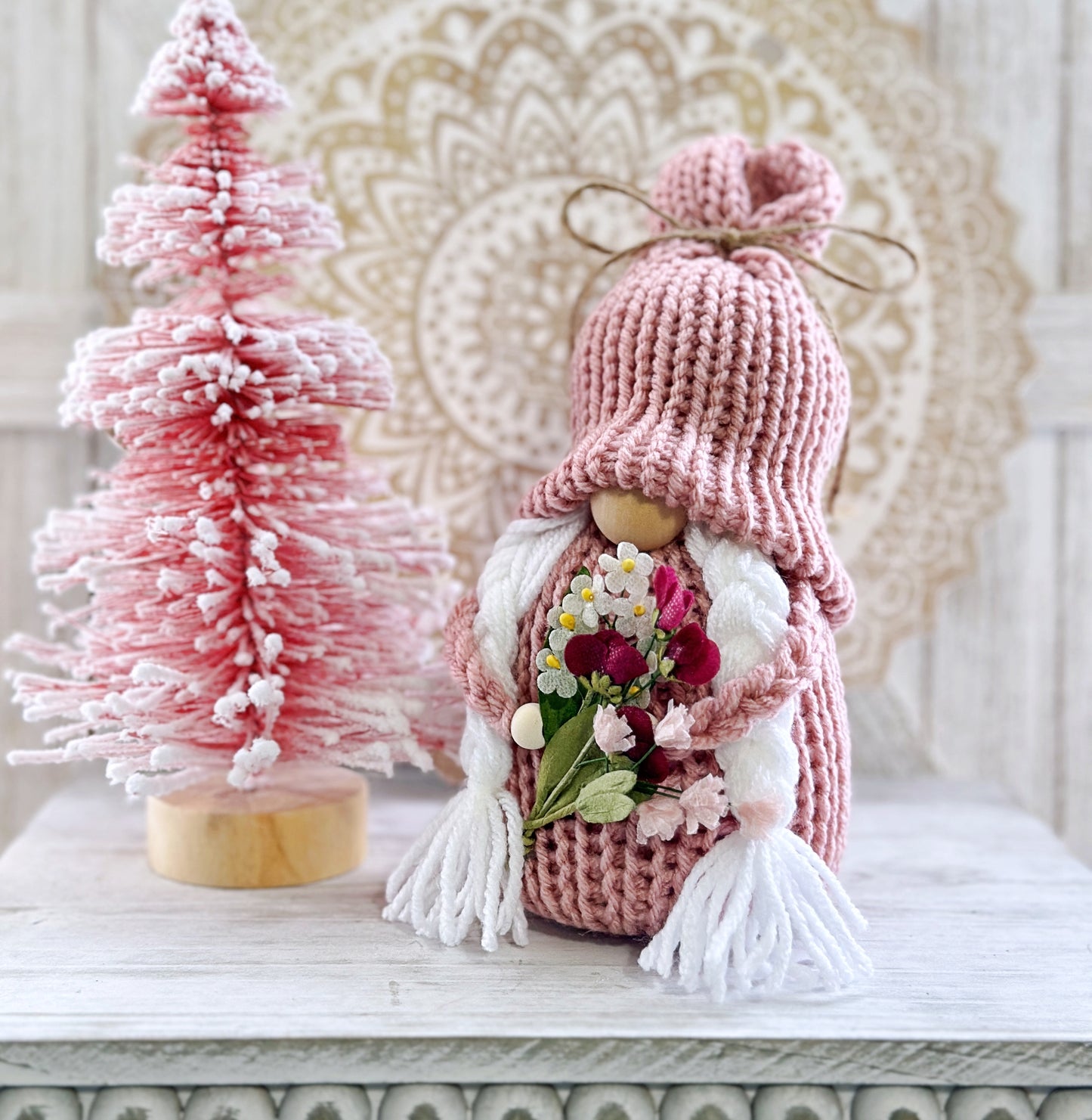 Pink flower gnome, Farmhouse gnome, Tiered tray decor, Flower knome, Botanical decor, Gift idea, Made to order,