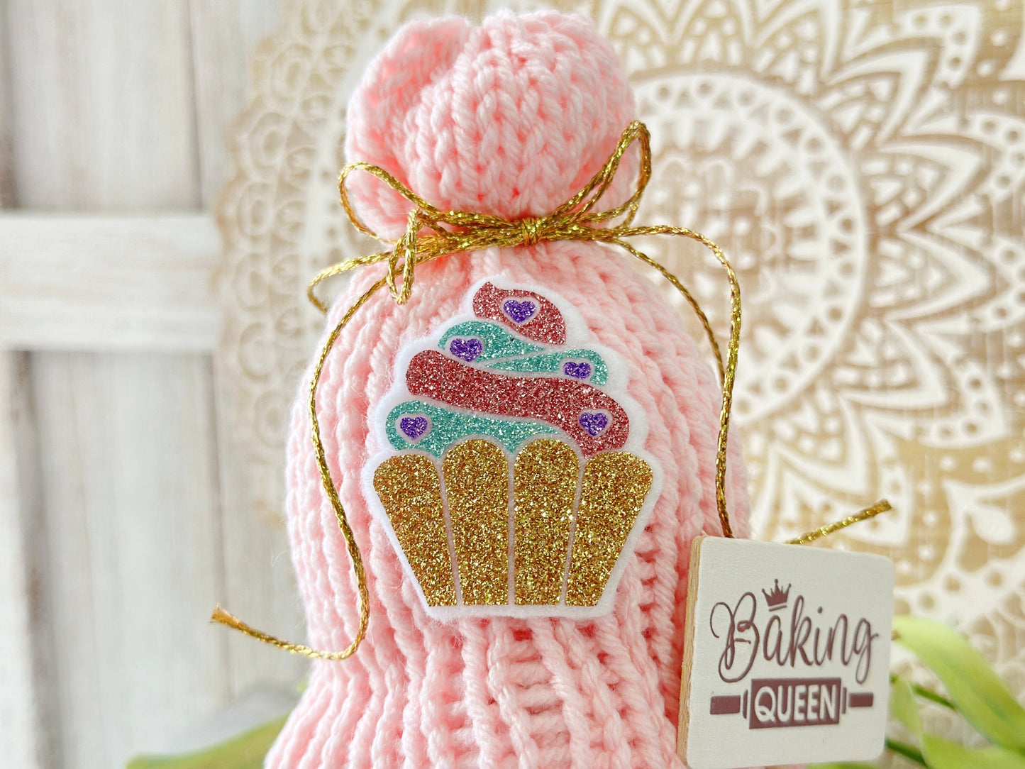 Adorable Baking Queen Cupcake Gnome for Tiered Trays - Handcrafted Crochet by Hooked Strands