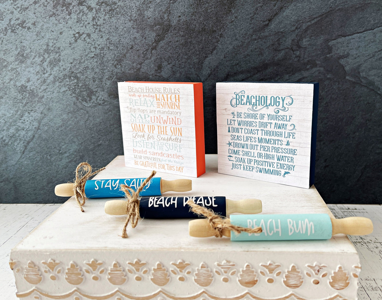Cute Beach themed tiered tray decor signs and rolling pins