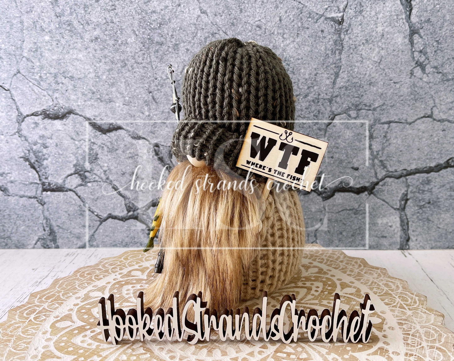 Charming knit fisherman gnome with "WTF Where's the fish?" sign - Gift for Dad - Tiered tray decor