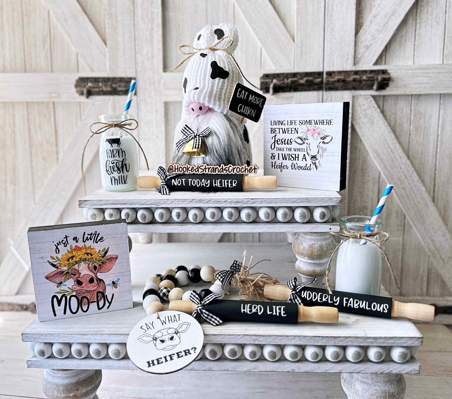Cow gnome, Heifer decor, Tiered tray decor, Farm decor, Gift idea, Rolling pins, Milk bottle, Bead Garland Farmhouse decor