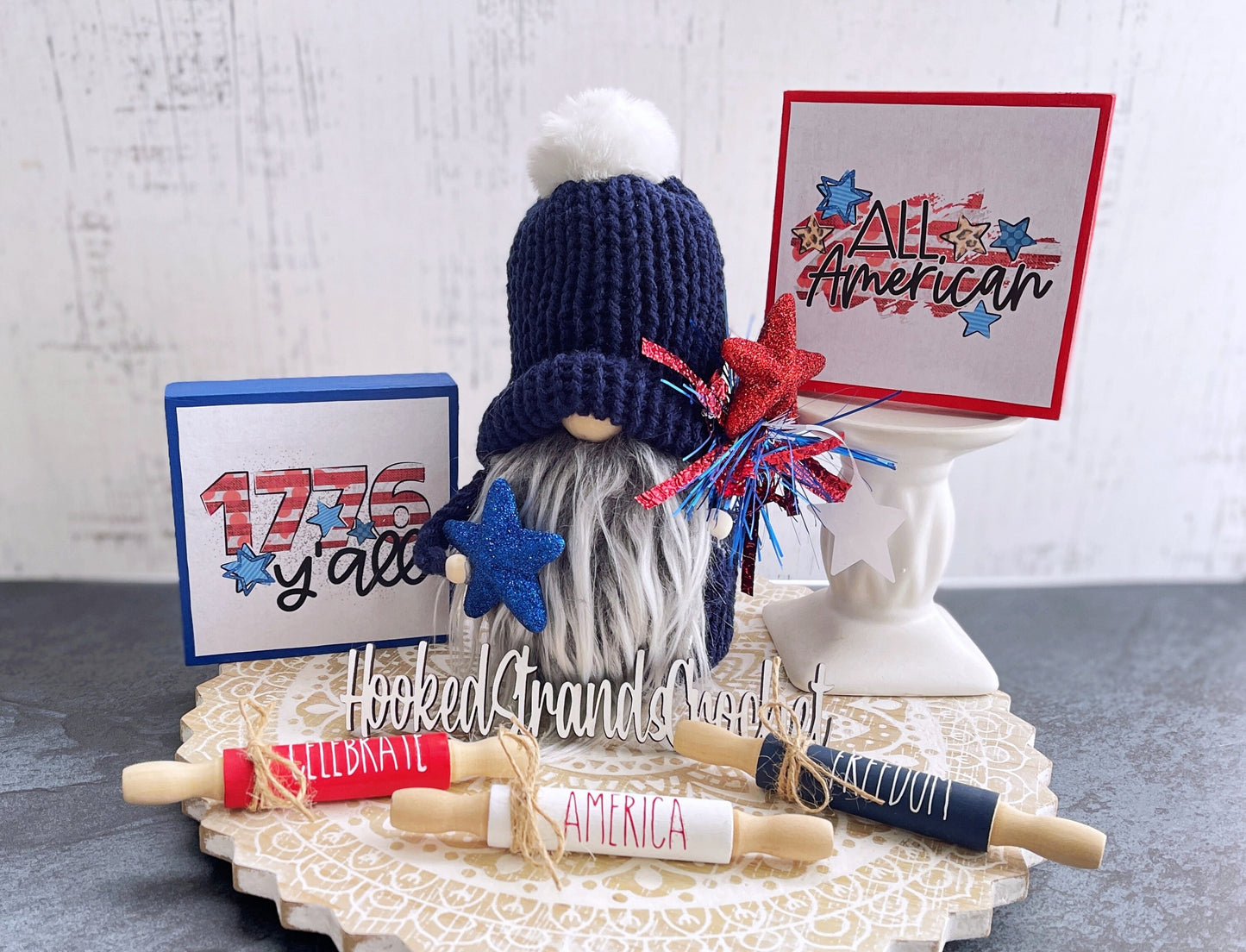 4th of July gnome, Patriotic gnome, Tiered tray decor, Holiday gnome, Independence day decor, Knit gnome, Red white and blue