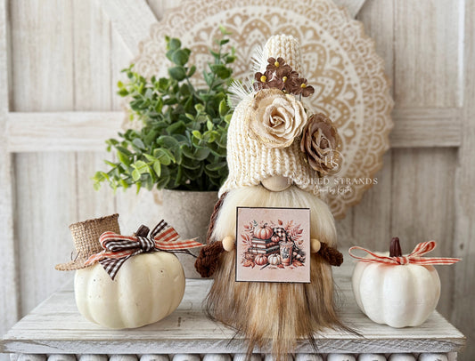Fall Gnome Decor | Handmade Autumn Gnome with Pumpkins & Books Sign | Rustic Cream Hat Gnome | Shelf Sitter | Farmhouse Tiered Tray Decor