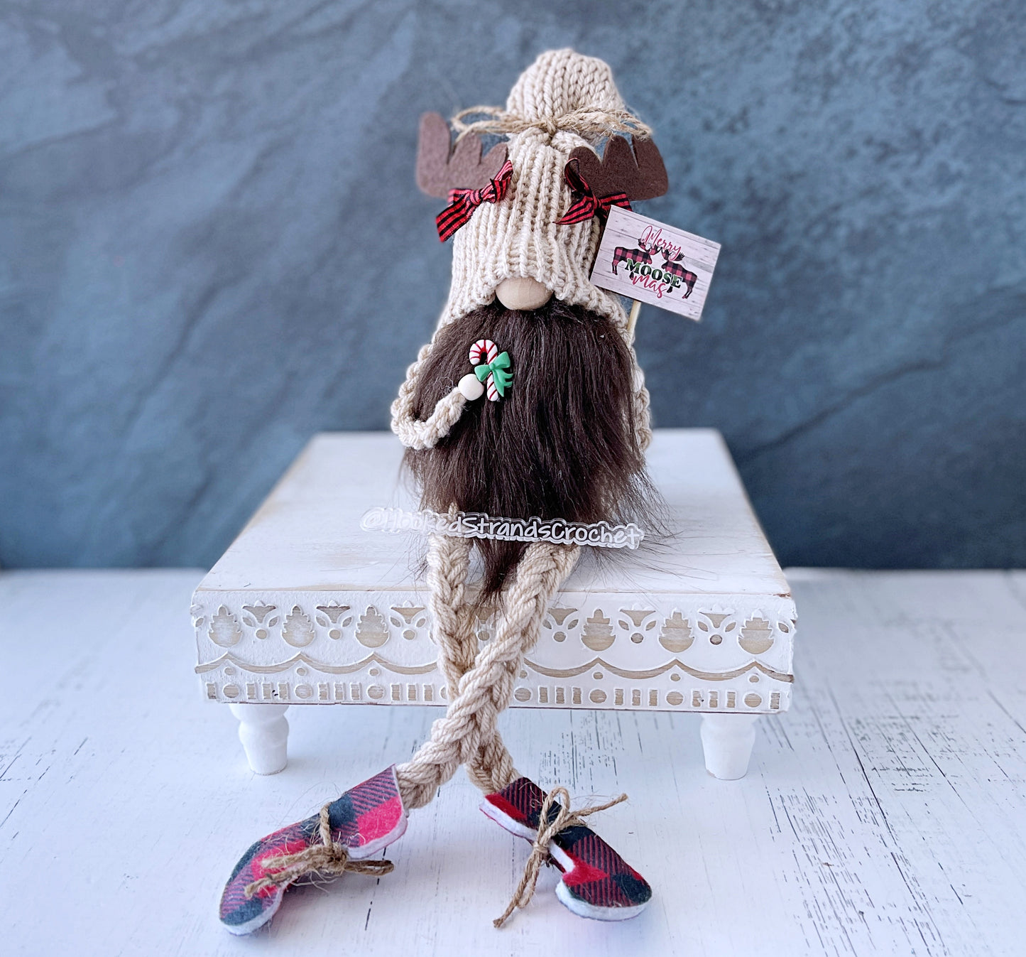 Whimsical Christmas Moose Gnome with Dangly Legs and 'Merry Moosemas' Sign - Festive Holiday Decoration