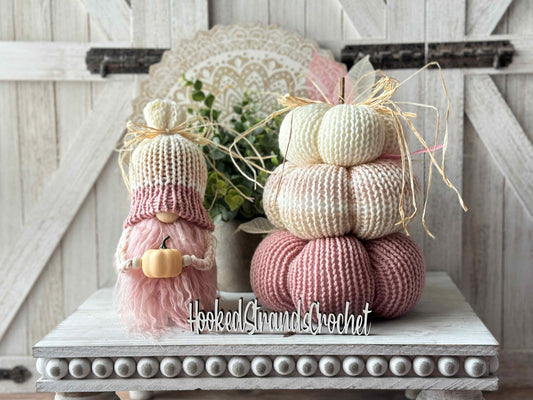 Autumn Wonderland: Pink Knit Gnome and Pumpkin Stack for Fall Decor and Tiered Tray