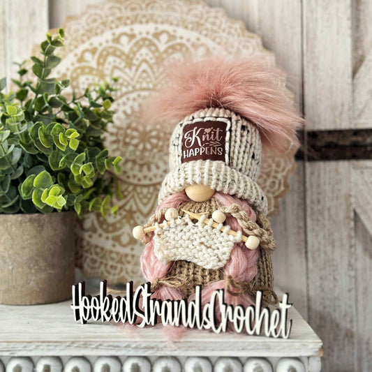 Adorable Pink Knitting Gnome: Charming Tiered Tray Decor for Knitters