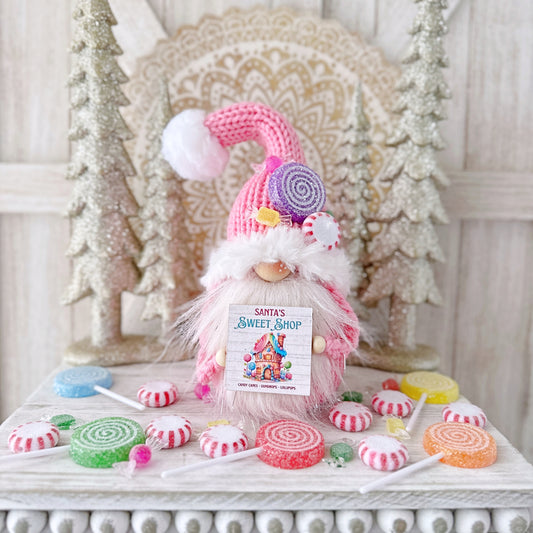 Santa's Sweet Shop: Candy Cane Lane Knit Gnome - Festive Tiered Tray Decor
