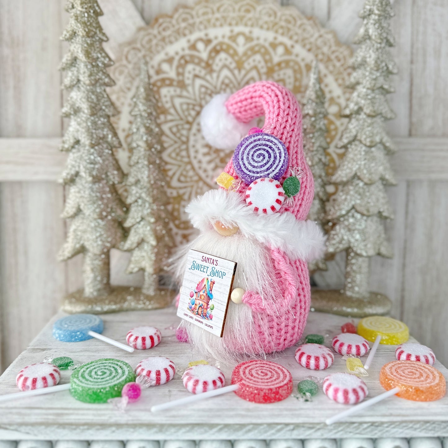 Santa's Sweet Shop: Candy Cane Lane Knit Gnome - Festive Tiered Tray Decor