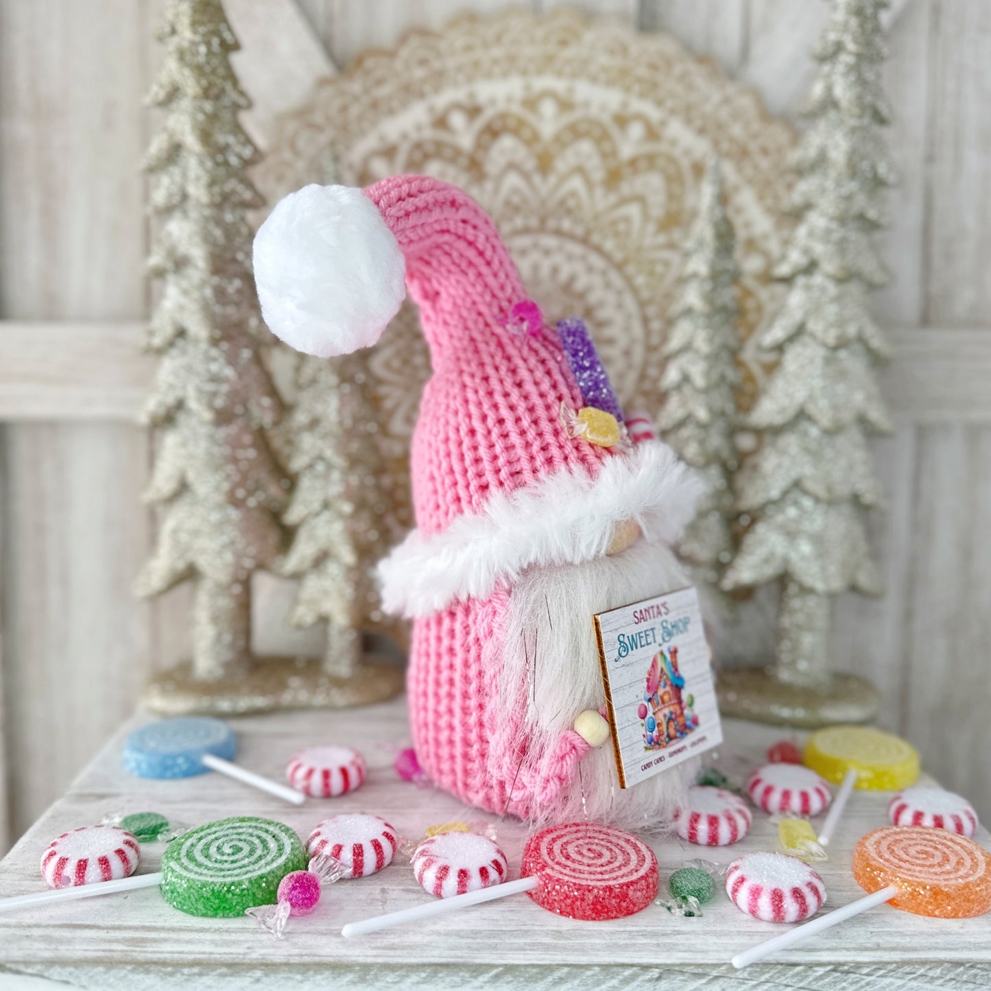 Santa's Sweet Shop: Candy Cane Lane Knit Gnome - Festive Tiered Tray Decor