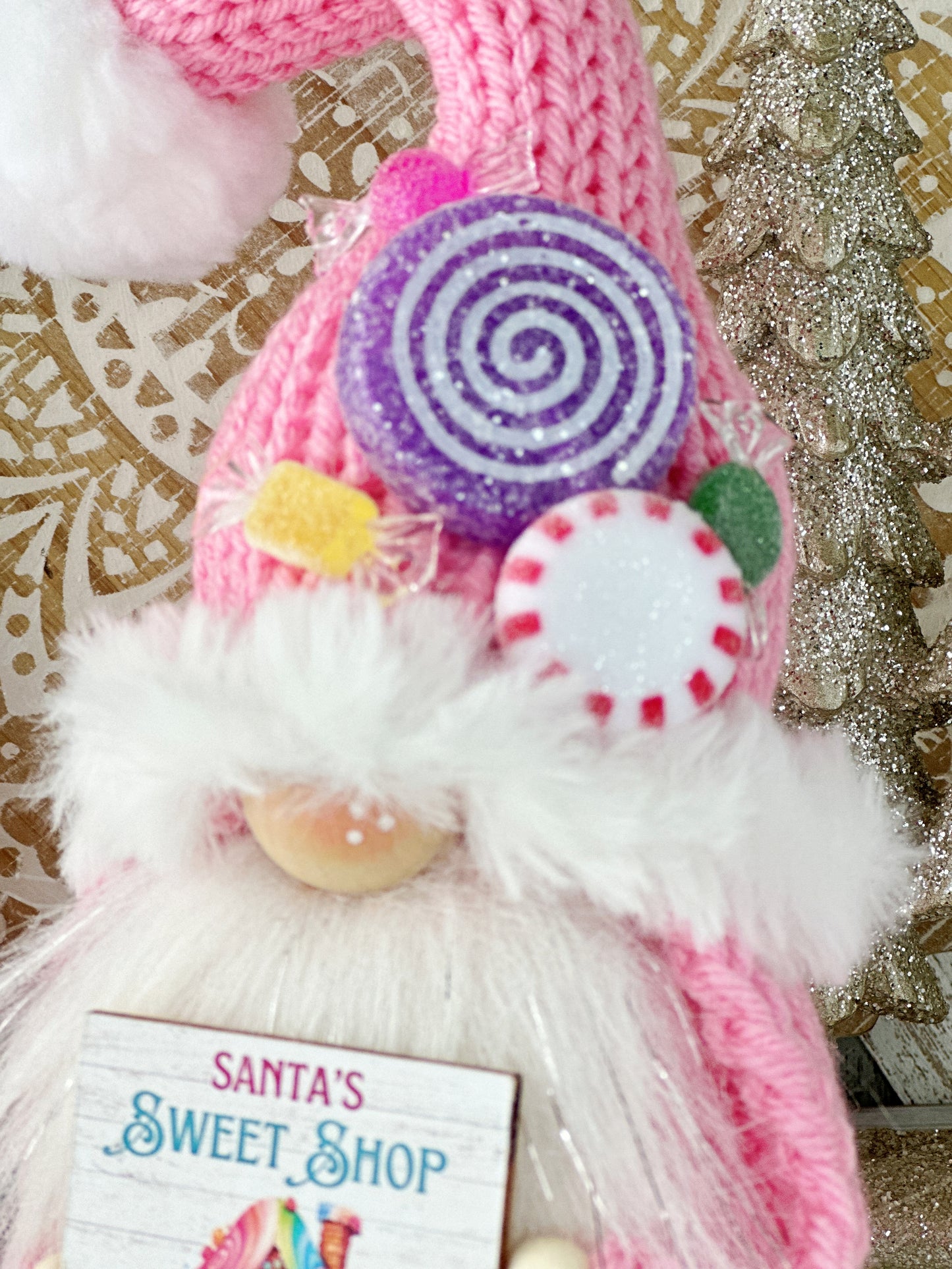 Santa's Sweet Shop: Candy Cane Lane Knit Gnome - Festive Tiered Tray Decor