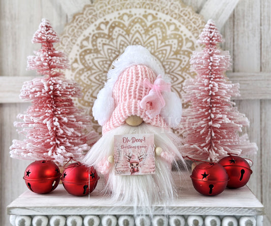 Whimsical Pink Knit Christmas Gnome with Ear Muffs & 'Oh deer, Christmas is near' Sign - Tiered Tray Decor by Hooked Strands Crochet