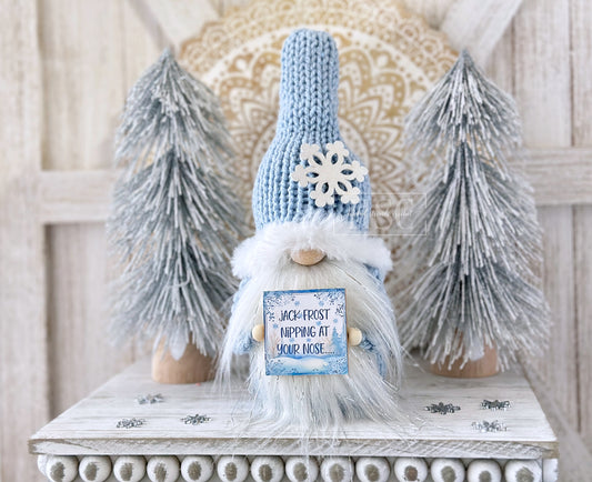 Festive Jack Frost Gnome for Tiered Trays - Unique Christmas Decor by Hooked Strands Crochet - Winter Wonderland Vibe