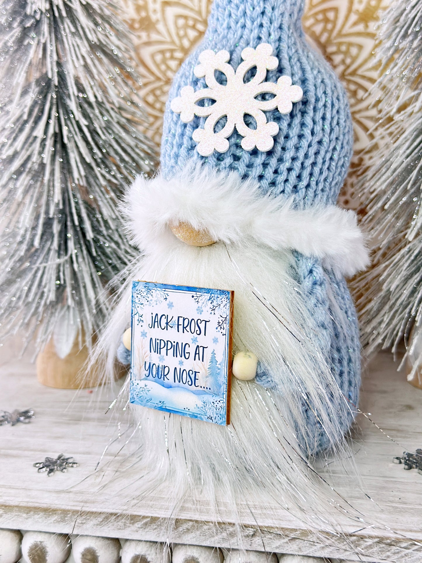 Festive Jack Frost Gnome for Tiered Trays - Unique Christmas Decor by Hooked Strands Crochet - Winter Wonderland Vibe