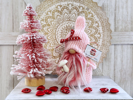 Whimsical Pink Valentine Mushroom Gnome - Delightful Tiered Tray Decor by Hooked Strands Crochet