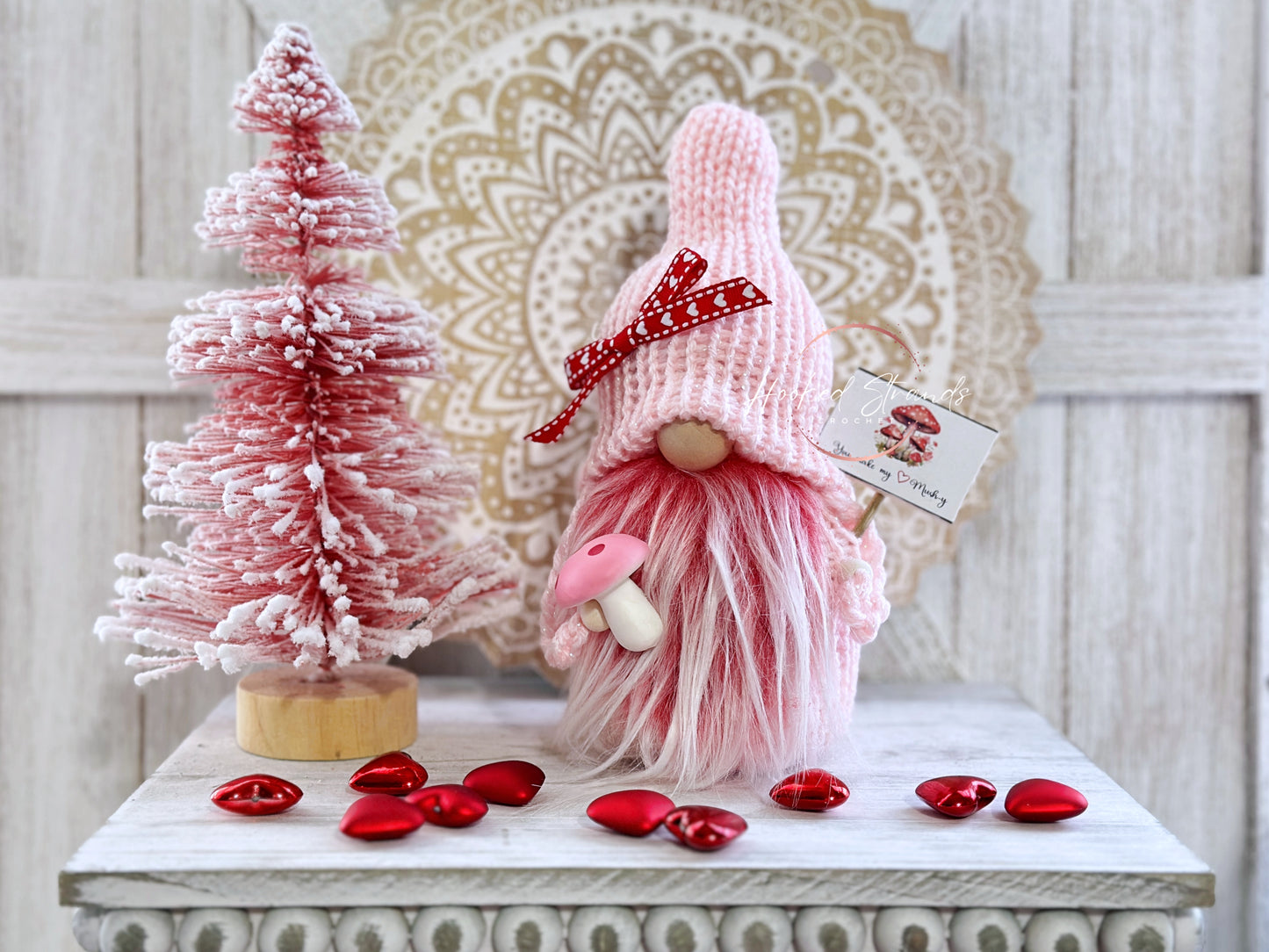 Whimsical Pink Valentine Mushroom Gnome - Delightful Tiered Tray Decor by Hooked Strands Crochet