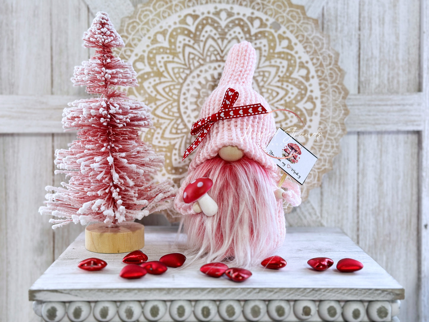 Whimsical Pink Valentine Mushroom Gnome - Delightful Tiered Tray Decor by Hooked Strands Crochet