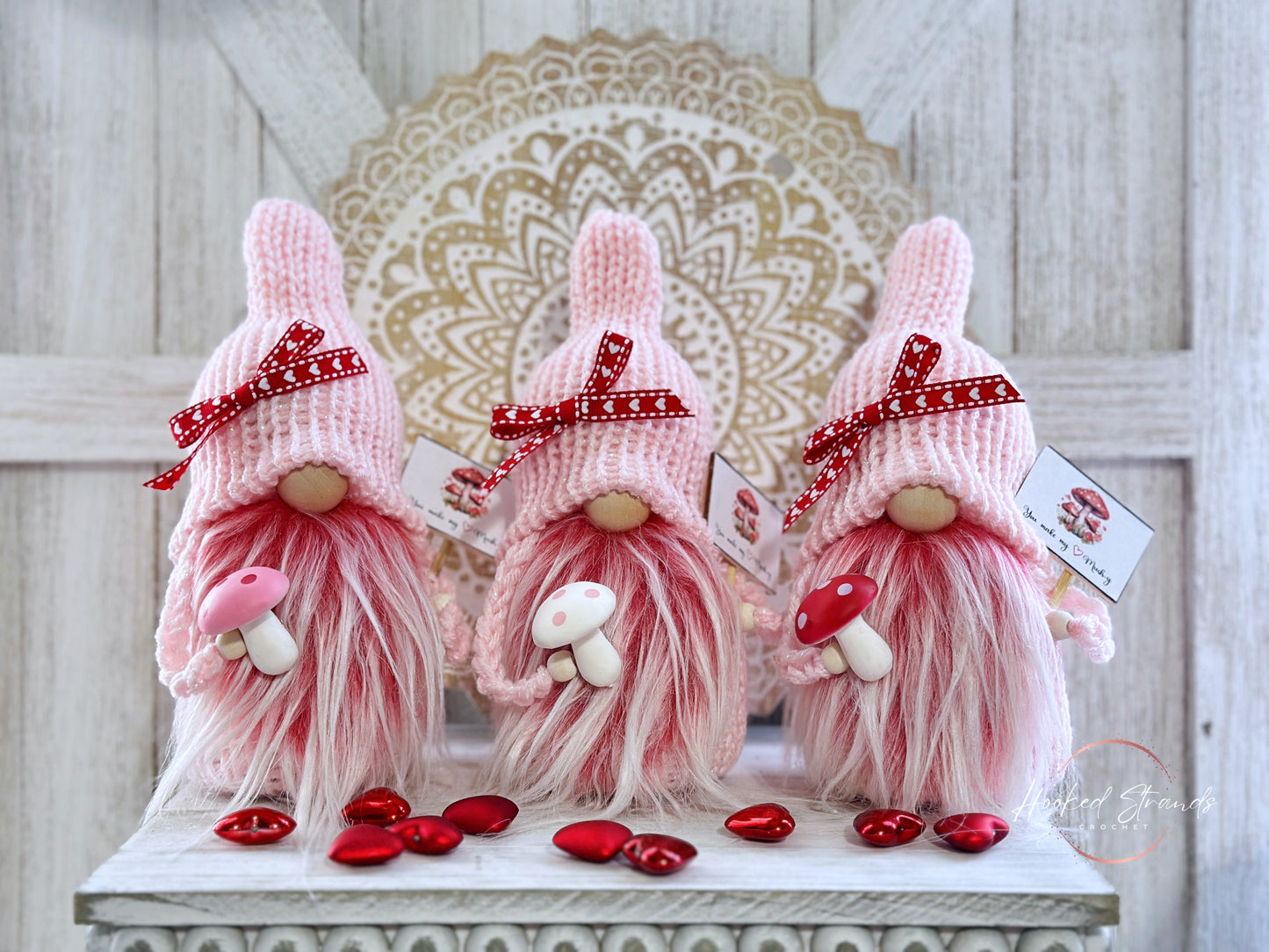 Whimsical Pink Valentine Mushroom Gnome - Delightful Tiered Tray Decor by Hooked Strands Crochet