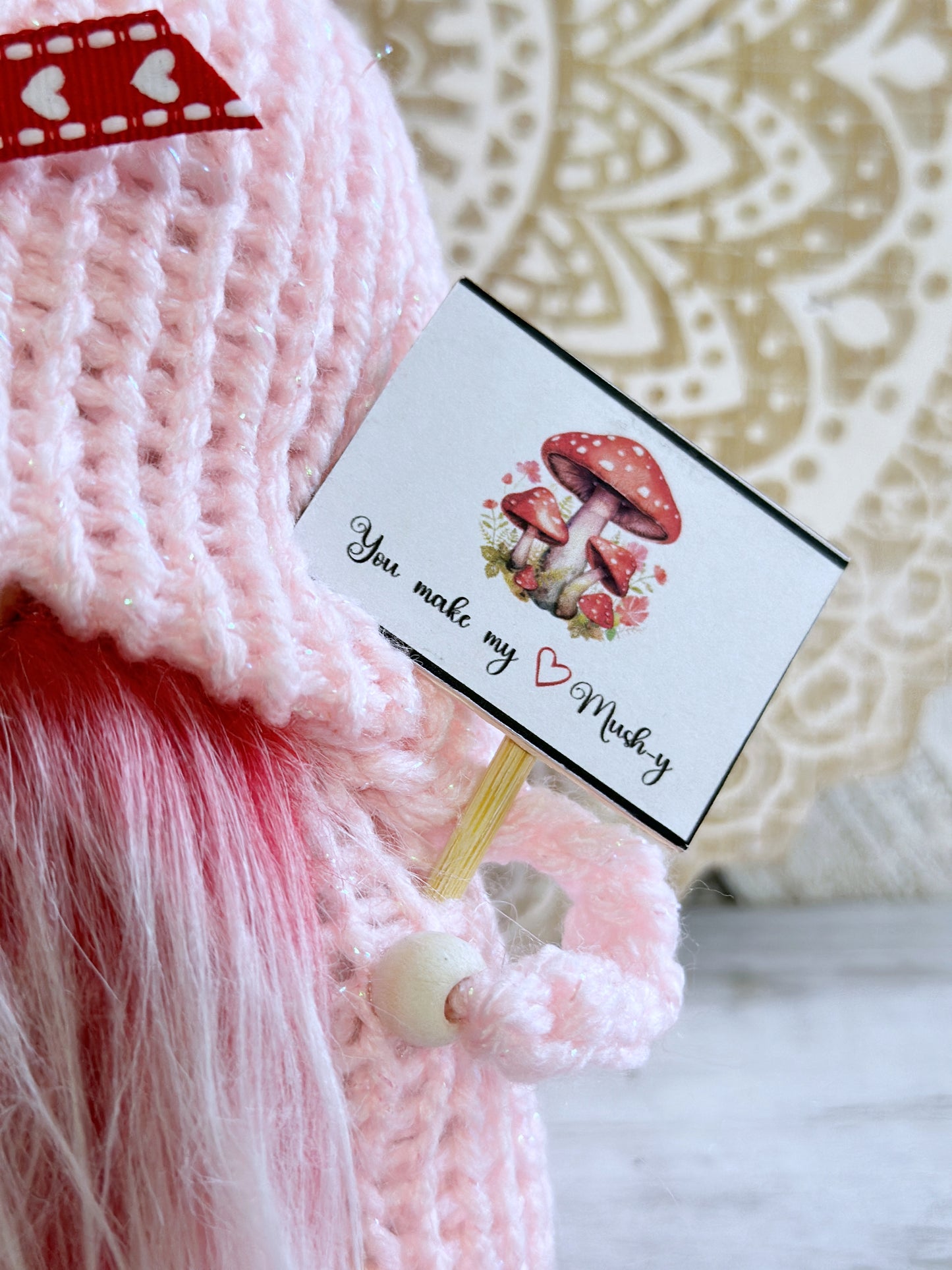 Whimsical Pink Valentine Mushroom Gnome - Delightful Tiered Tray Decor by Hooked Strands Crochet