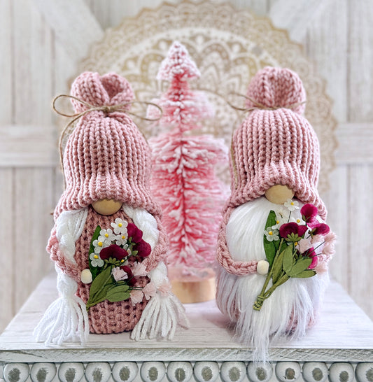 Pink flower gnome, Farmhouse gnome, Tiered tray decor, Flower knome, Botanical decor, Gift idea, Made to order,