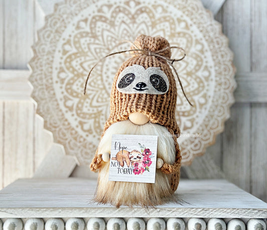 Funny Sloth Gnome with Nope, Not Today Sign - Charming Tiered Tray Decor by Hooked Strands Crochet