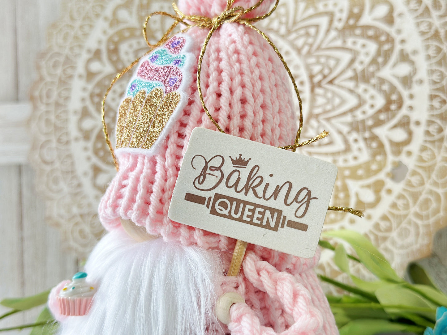Adorable Baking Queen Cupcake Gnome for Tiered Trays - Handcrafted Crochet by Hooked Strands