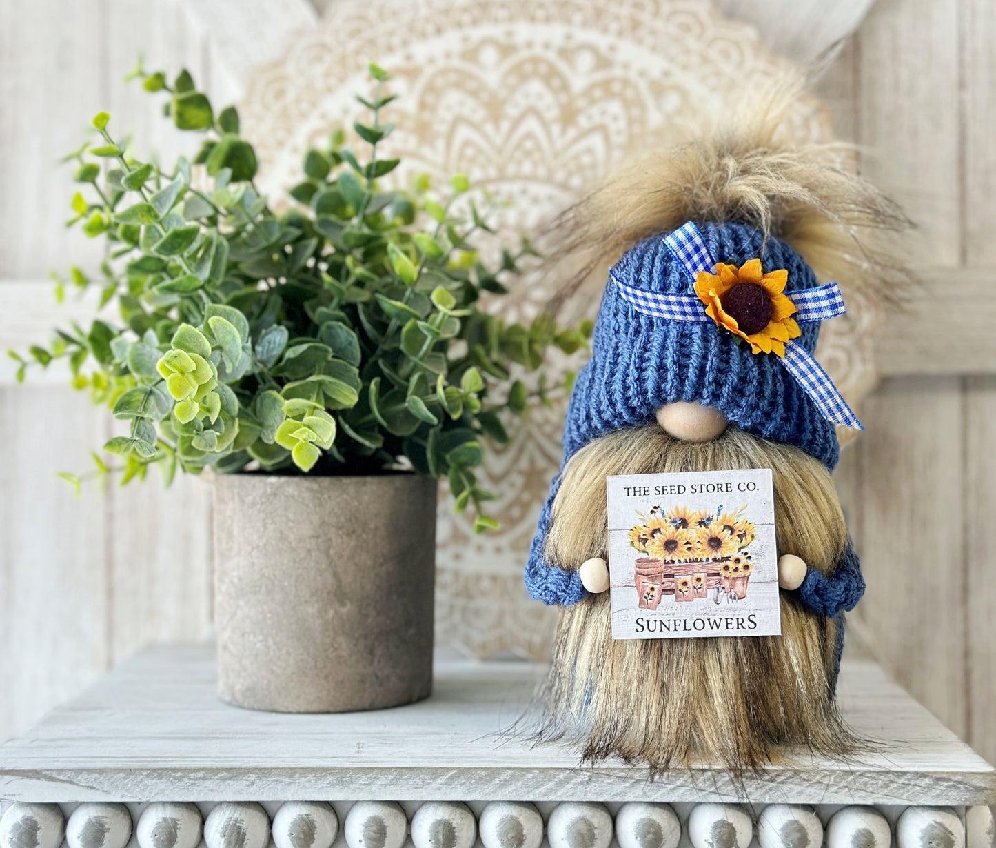 Beautiful knit sunflower gnome with sign - Tiered tray decor