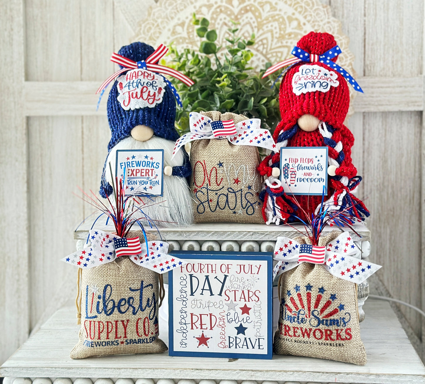 Patriotic 4th of July tiered tray decor, Boy or girl gnome, Mini decorative bags, 4 inch sign