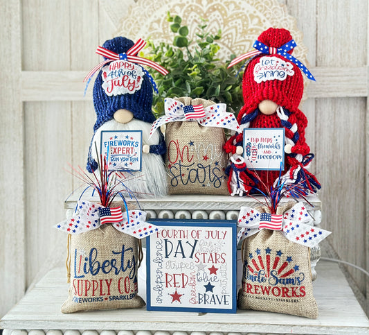 Patriotic 4th of July tiered tray decor, Boy or girl gnome, Mini decorative bags, 4 inch sign