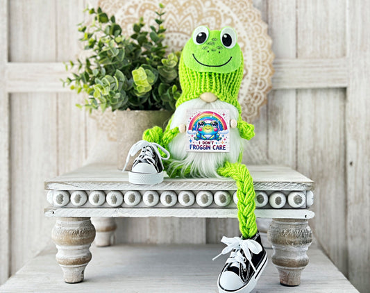 Tennis Shoe Frog Gnome with 'I Don't Froggin Care' Sign - Quirky Tiered Tray Decor