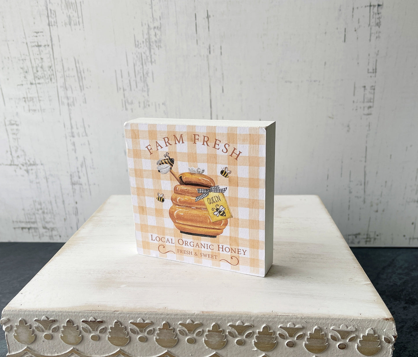 Bee-u-tiful  knit honeybee gnome with sign - Decorative rolling pins - Tiered tray decor set