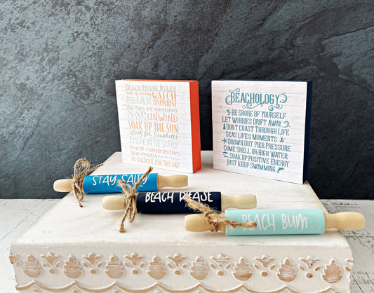 Cute Beach themed tiered tray decor signs and rolling pins