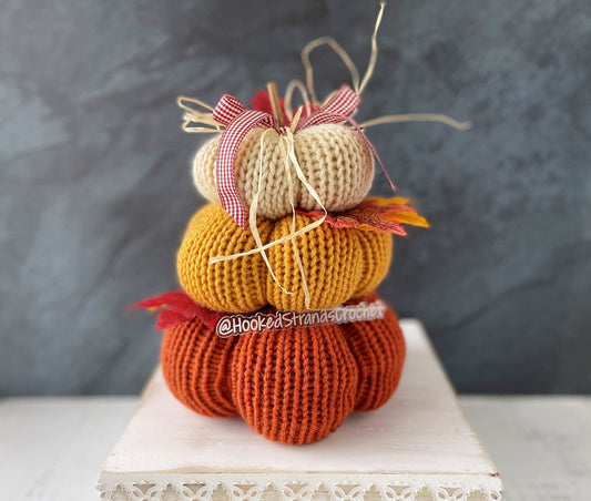 Rustic Fall Pumpkin Stack - Knit Pumpkins for Autumn Decor - Table Top Display - Tiered Tray Decor