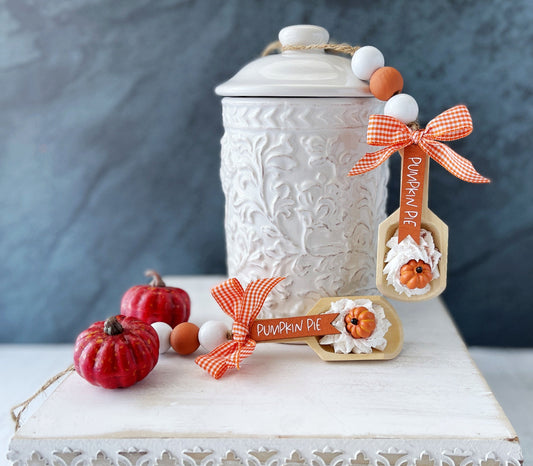 Decorative fall pumpkin pie faux whip wood canister scoop - Tiered tray decor