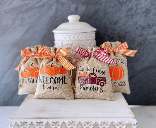 Autumn decorative mini burlap sack with pumpkin themes - Tiered tray decor