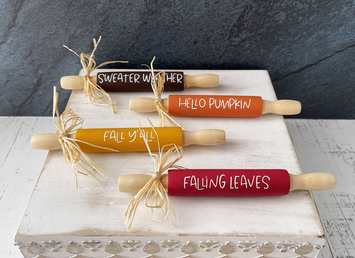 Festive decorative autumn 7 inch rolling pins with raffia bows - Tiered tray decor