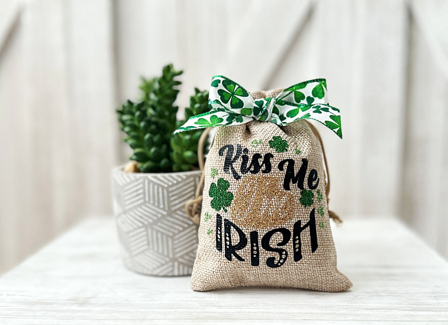 Mini St Patricks sack, St Paddys day decor, Tiered tray decor, Decorative burlap sack, Table top display