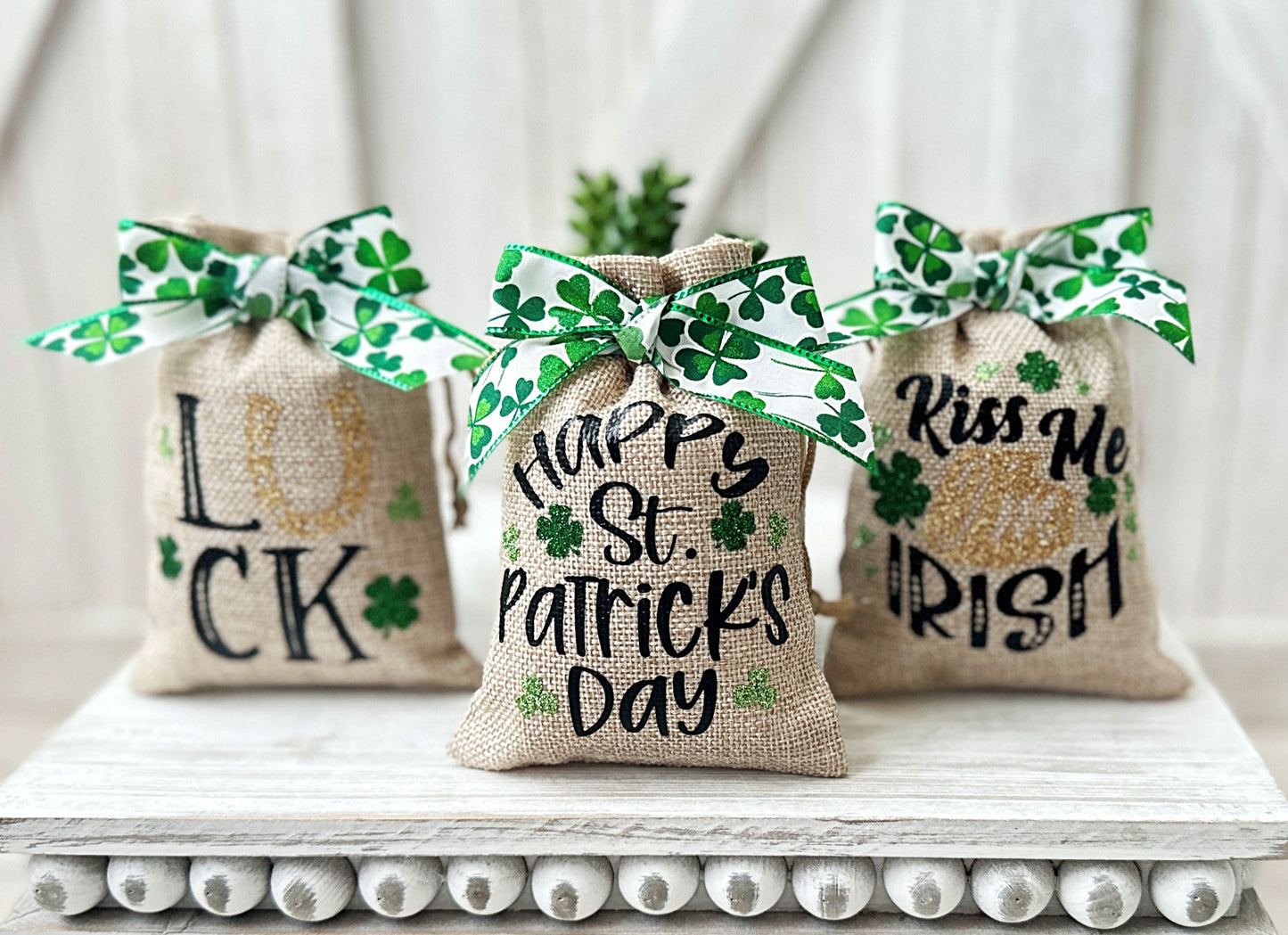 Mini St Patricks sack, St Paddys day decor, Tiered tray decor, Decorative burlap sack, Table top display