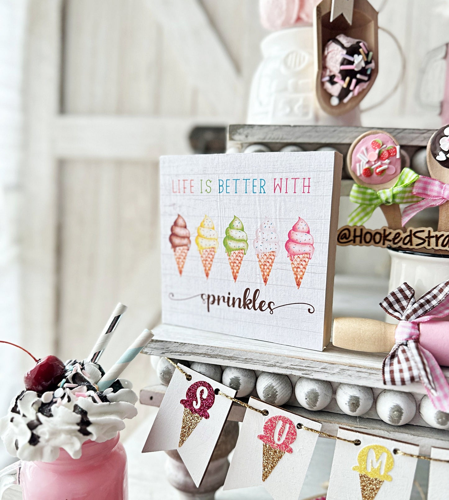 Ice Cream Lover's Dream - Tiered Tray Decor with Mini Burlap Sack, Rolling Pins, and Delightful Knit Gnome!