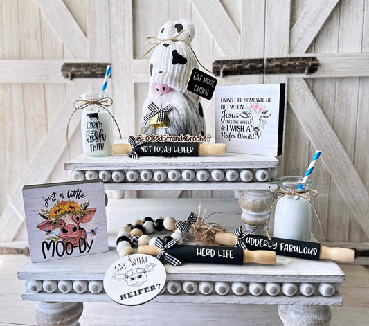 Cow gnome, Heifer decor, Tiered tray decor, Farm decor, Gift idea, Rolling pins, Milk bottle, Bead Garland Farmhouse decor
