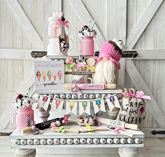 Ice Cream Lover's Dream - Tiered Tray Decor with Mini Burlap Sack, Rolling Pins, and Delightful Knit Gnome!