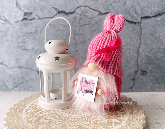 Breast cancer gnome, Tiered tray decor, Pink decor, Gift idea, Gonk doll, Knit gnome, Rustic gnome,