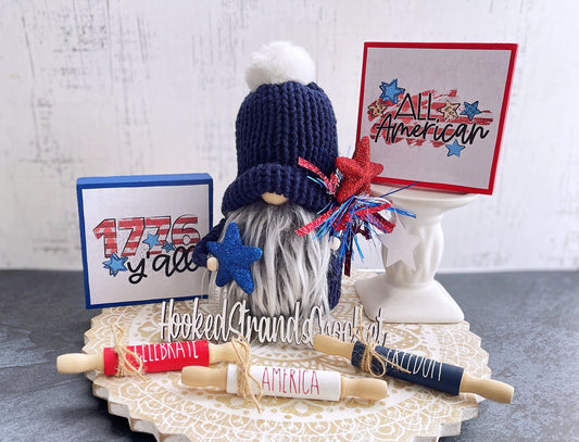 4th of July gnome, Patriotic gnome, Tiered tray decor, Holiday gnome, Independence day decor, Knit gnome, Red white and blue