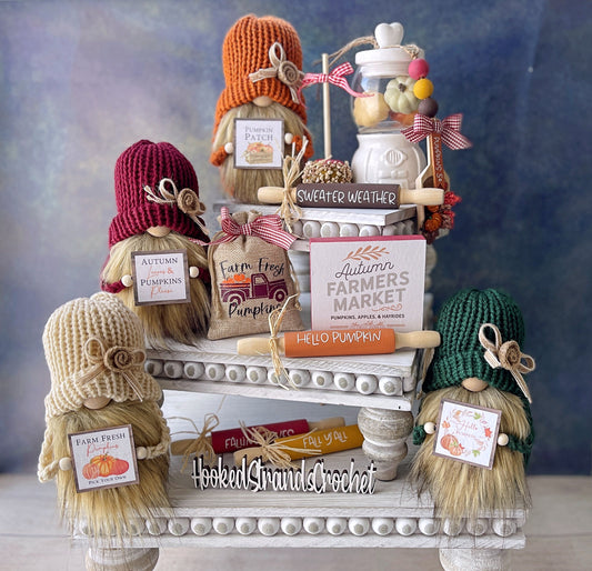 Adorable Knit Autumn Gnomes with Fall-Themed Signs and Burlap Bows