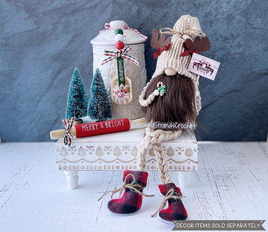 Whimsical Christmas Moose Gnome with Dangly Legs and 'Merry Moosemas' Sign - Festive Holiday Decoration