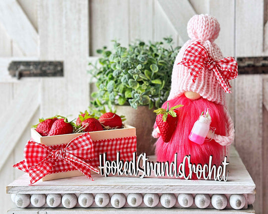 Sweet knit pink strawberry milkshake gnome - Crate of strawberries - tiered tray decor